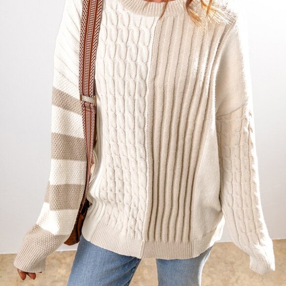 Cable-Knit Color Block Round Neck Sweater - Picture 5 of 5